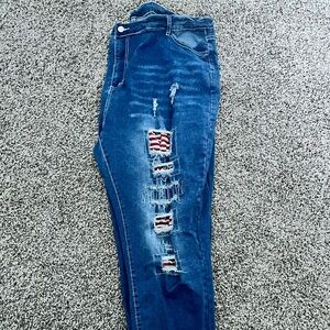 Distressed Blue Jeans with Patchwork